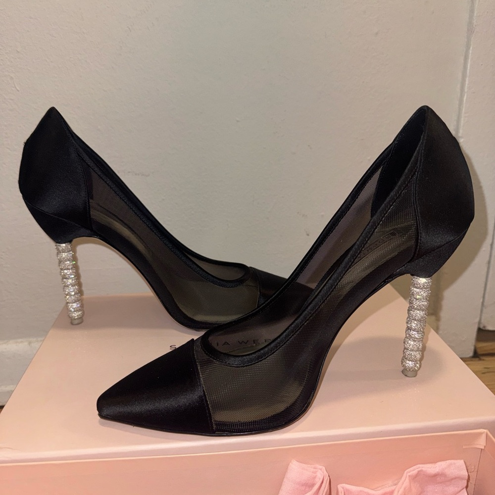 Elegant Black Satin Heels with Silver Accents